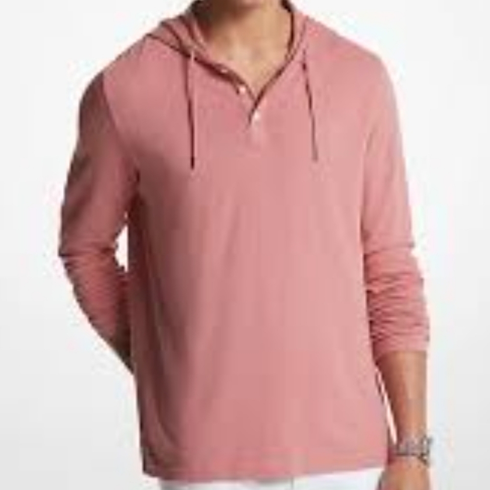 Michael Kors Men's Rose Hooded Slub Henley Shirt XL Drawstring Neck 100% cotton
